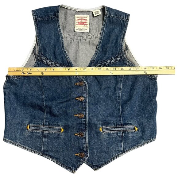 Levi’s Premium Braided Denim Vest L Dark Wash Western Boho Retro Festival - Picture 6 of 10